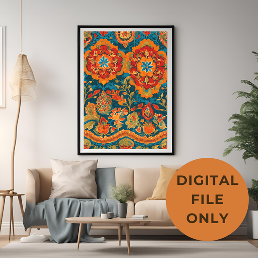 Indian Traditional Teal Floral Folk Wall Art Digital Download