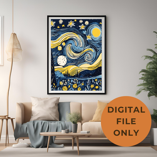 Van Gogh Inspired Starry Night Wall Art Digital Download