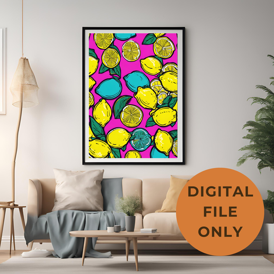 Retro Neon Lemon Pop Art Pattern - Digital Printable Wall Art