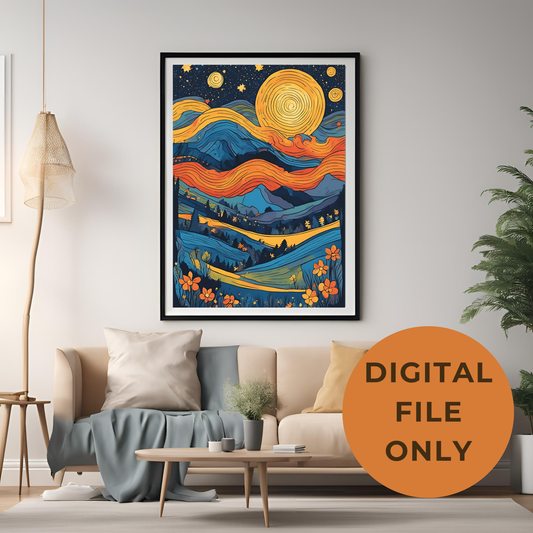 Van Gogh Inspired Sunset Starry Night Wall Art Digital Download