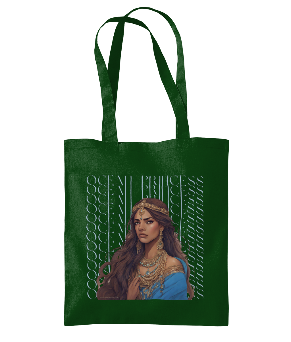 "Ocean Princess" Tote Bag – Front View - 100% Cotton - Brown Girl with Indian Outfit and Jewellery wearing a crown