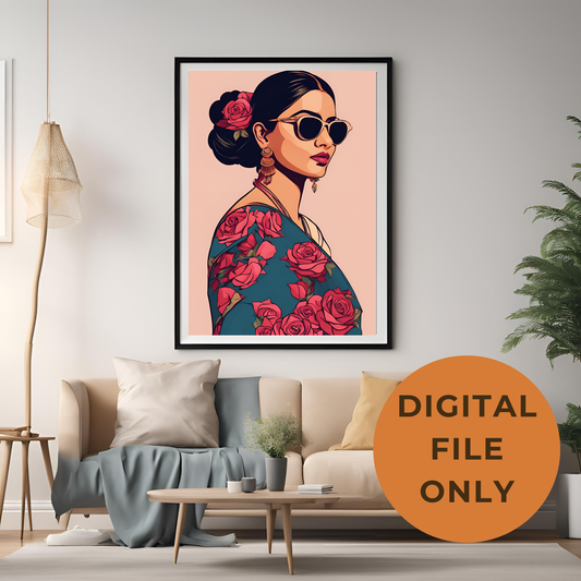 Indian Girl with Rose Saree Wall Art Digital Download