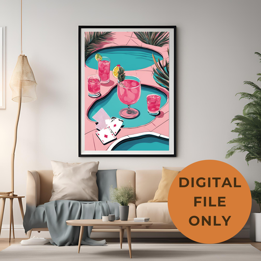 Vintage Pink Playing Cards By Pool Wall Art Digital Download