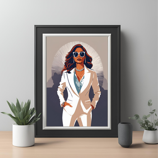 Indian Boss Girl in White Suit Black Framed A4 Art Portrait Print