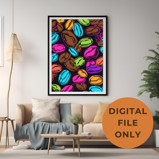 Retro Neon Coffee Pop Art Pattern - Digital Printable Wall Art