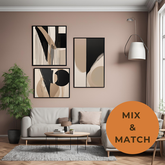 Set of 3 Contemporary Abstract Art -  Black Beige Minimalist  Printable Wall Art