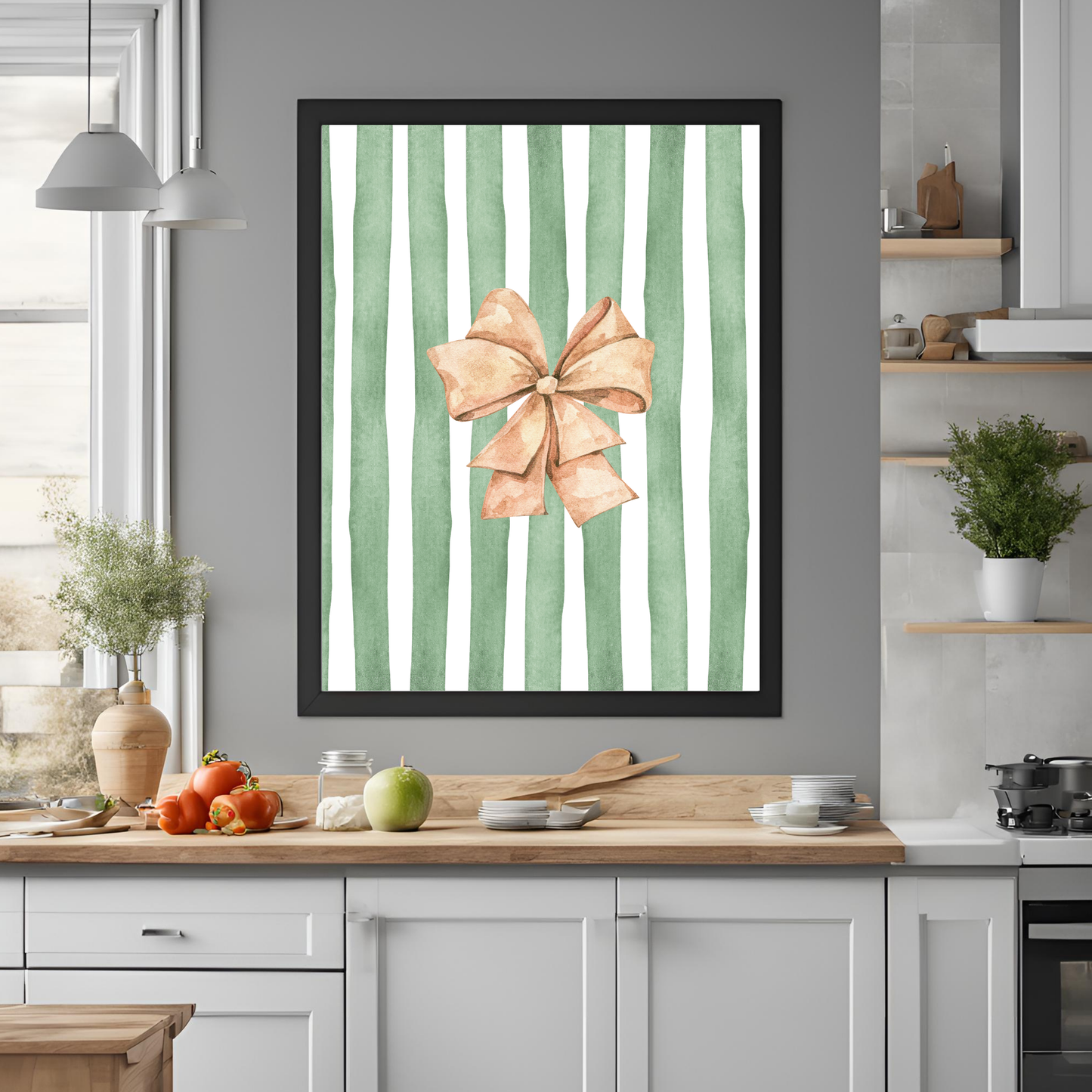 Green Stripe Bow Wall Art Digital Download