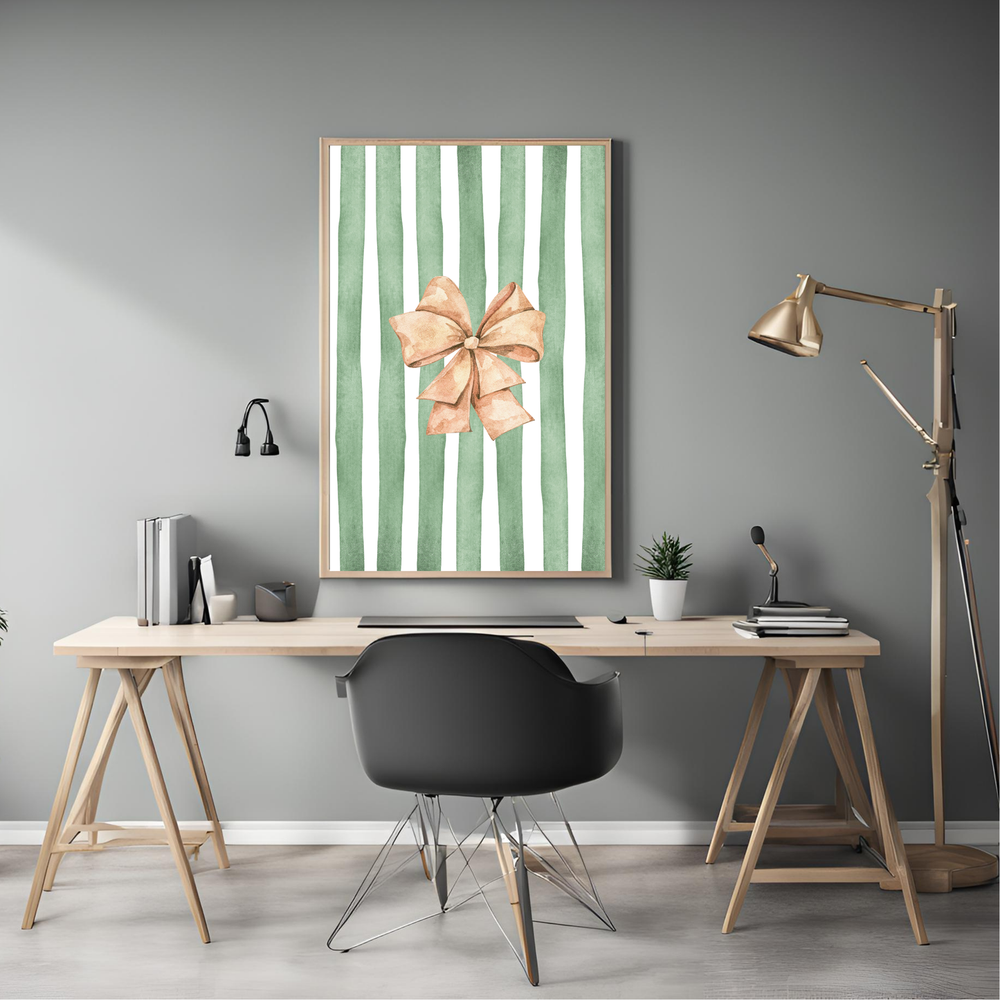 Green Stripe Bow Wall Art Digital Download