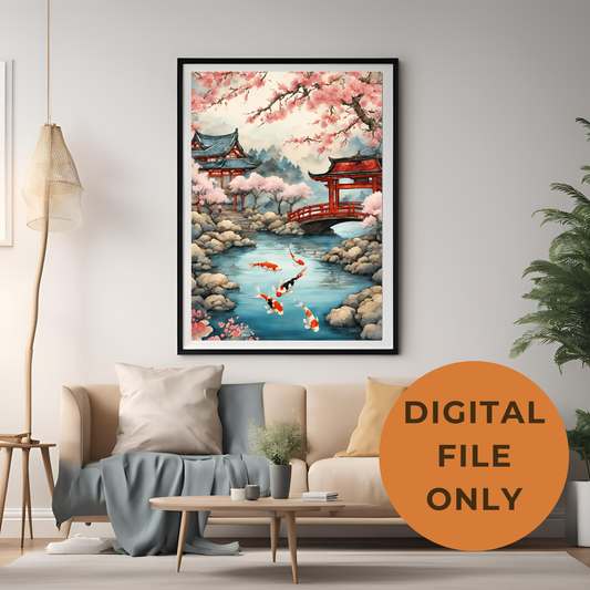 Japanese Koi Pond Landscape Digital Print - Instant Download