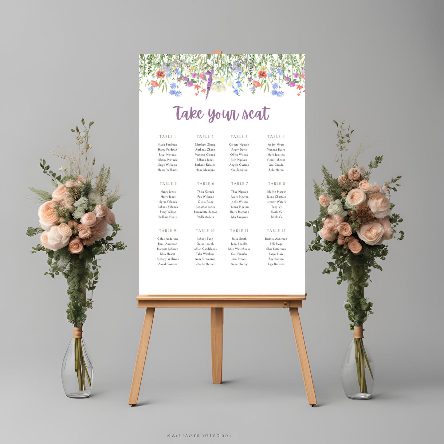 Wildflower Purple Seating Plan Digital Download - Online Template