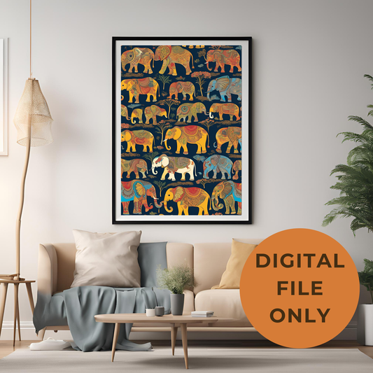 Indian Elephant Blue Print Wall Art Digital Download