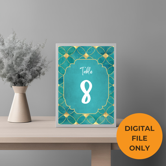 Peacock Teal Table Number Digital Download - Online Template