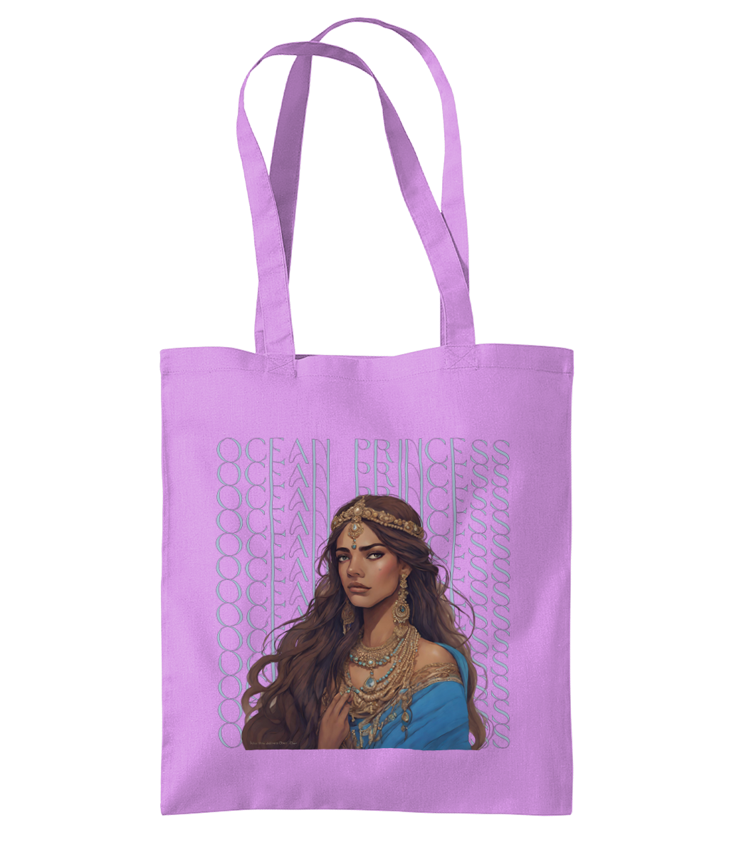 "Ocean Princess" Tote Bag – Front View - 100% Cotton - Brown Girl with Indian Outfit and Jewellery wearing a crown