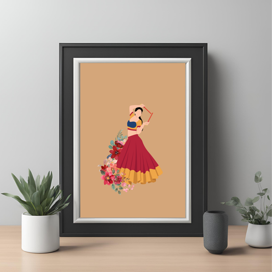 Indian Dancer Garba Black Framed A4 Art Portrait Print