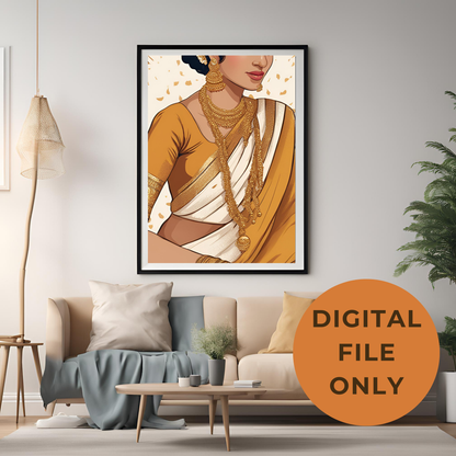 Indian Girl White Saree Wall Art Digital Download