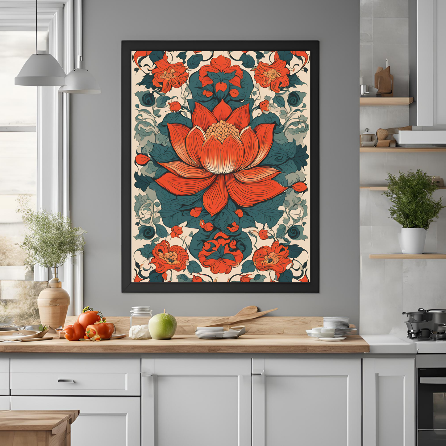 Lotus Traditional Folk Print Beige - Digital Download