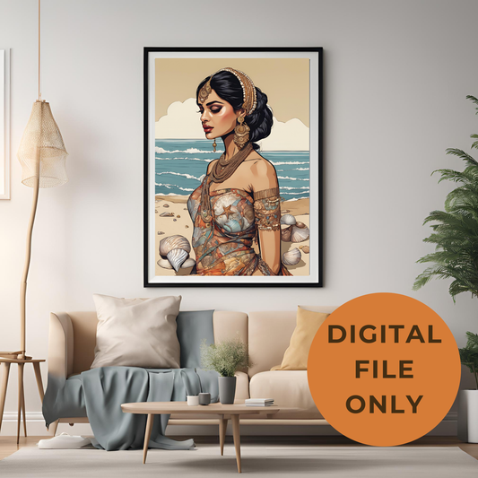 South Asian Art - Boho Beach Summer Aesthetic Desi Girl Printable Wall Art