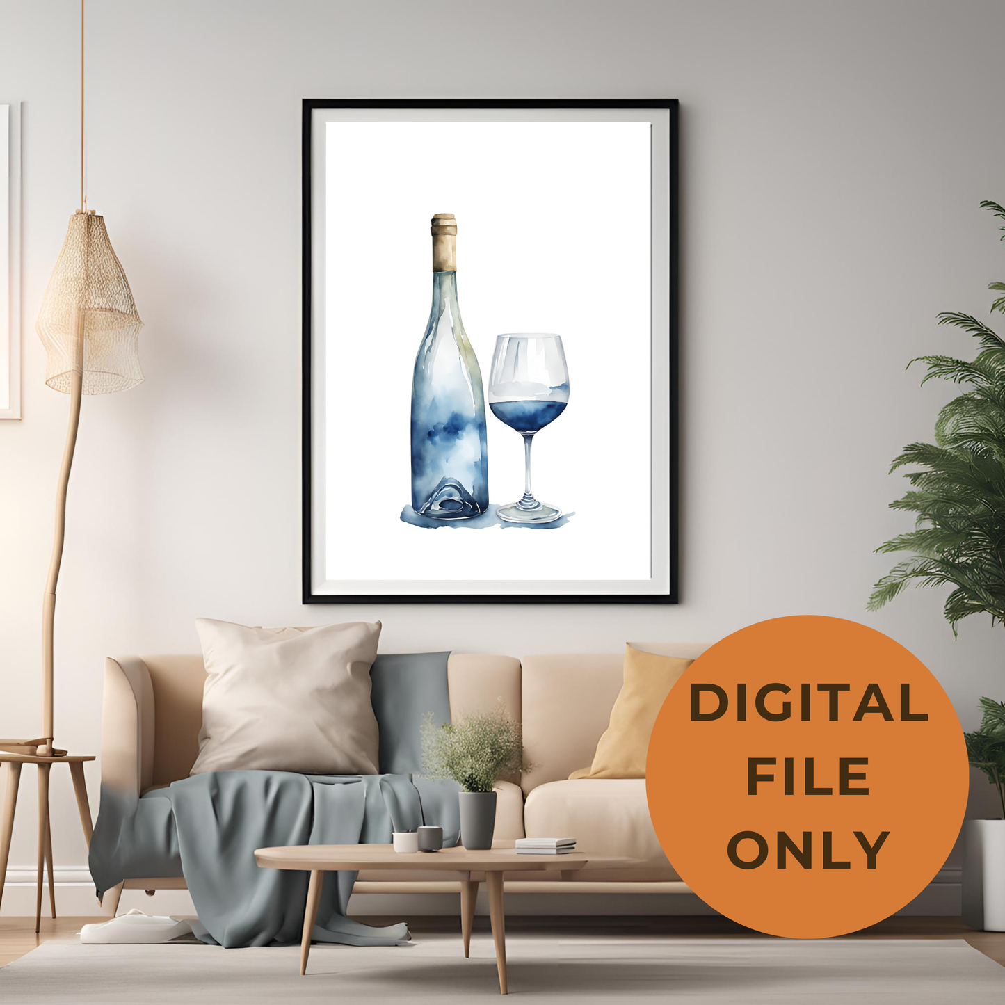 Blue Wine Bottle Wall Art Digital Download