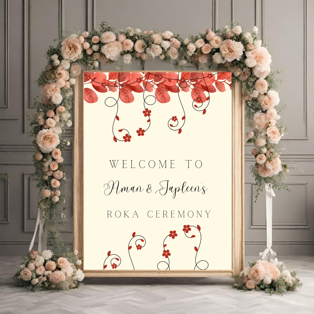 A1 size wedding desi Punjabi entrance board digital template floral design red and beige theme accents