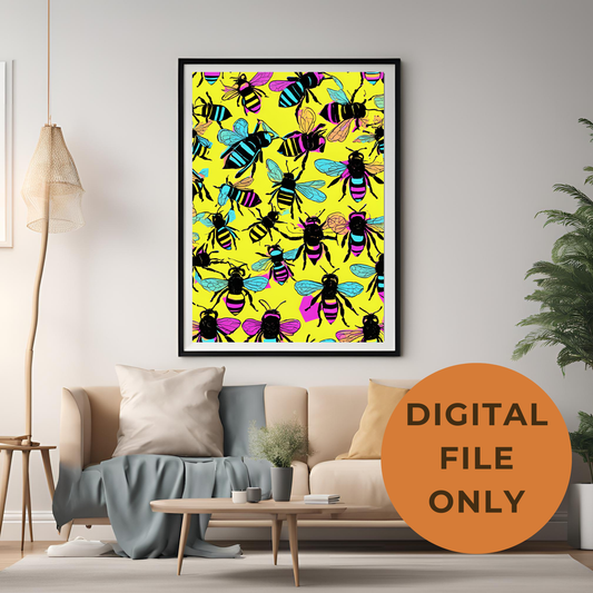 Retro Neon Bee Pop Art Pattern - Digital Printable Template