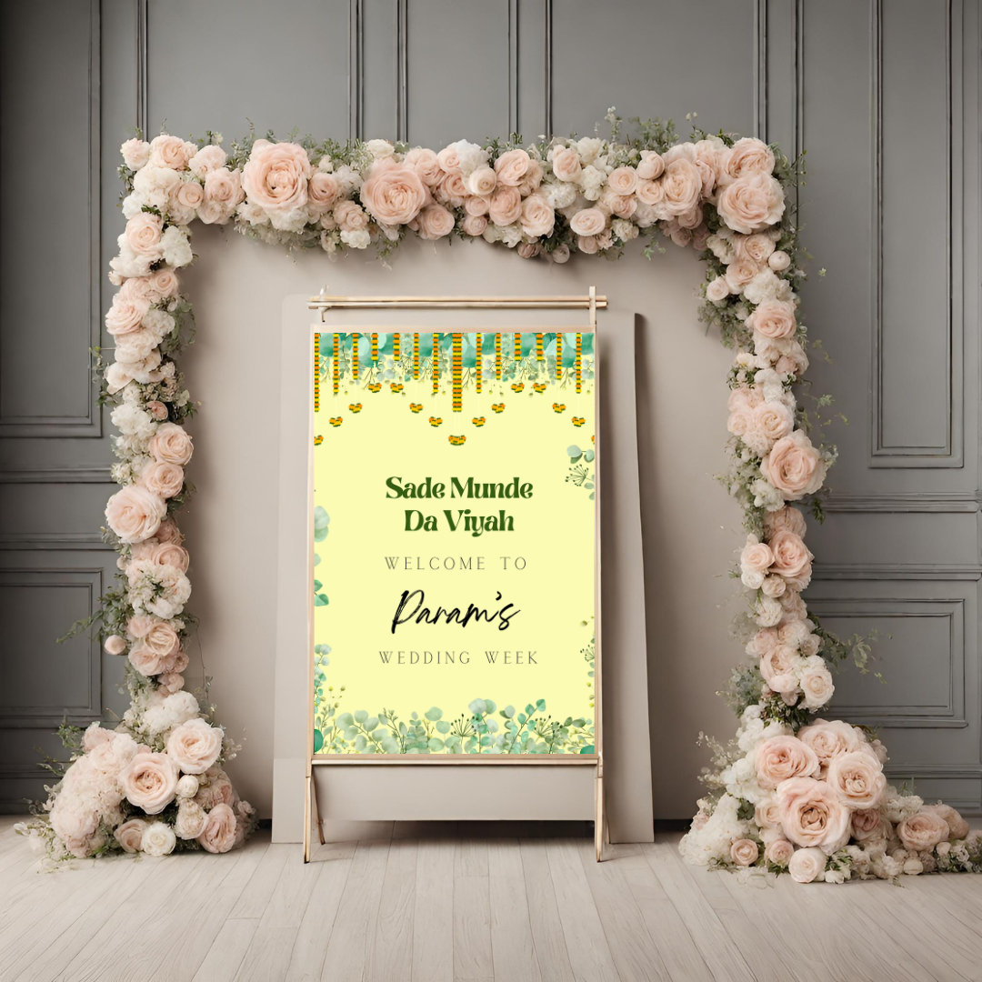 a1 indian decor leaf themed wedding entrance board minimalist simple design digital online template affordable wedding decor green and yellow accents