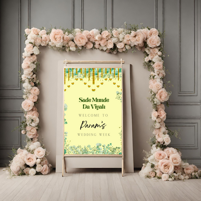 a1 indian decor leaf themed wedding entrance board minimalist simple design digital online template affordable wedding decor green and yellow accents