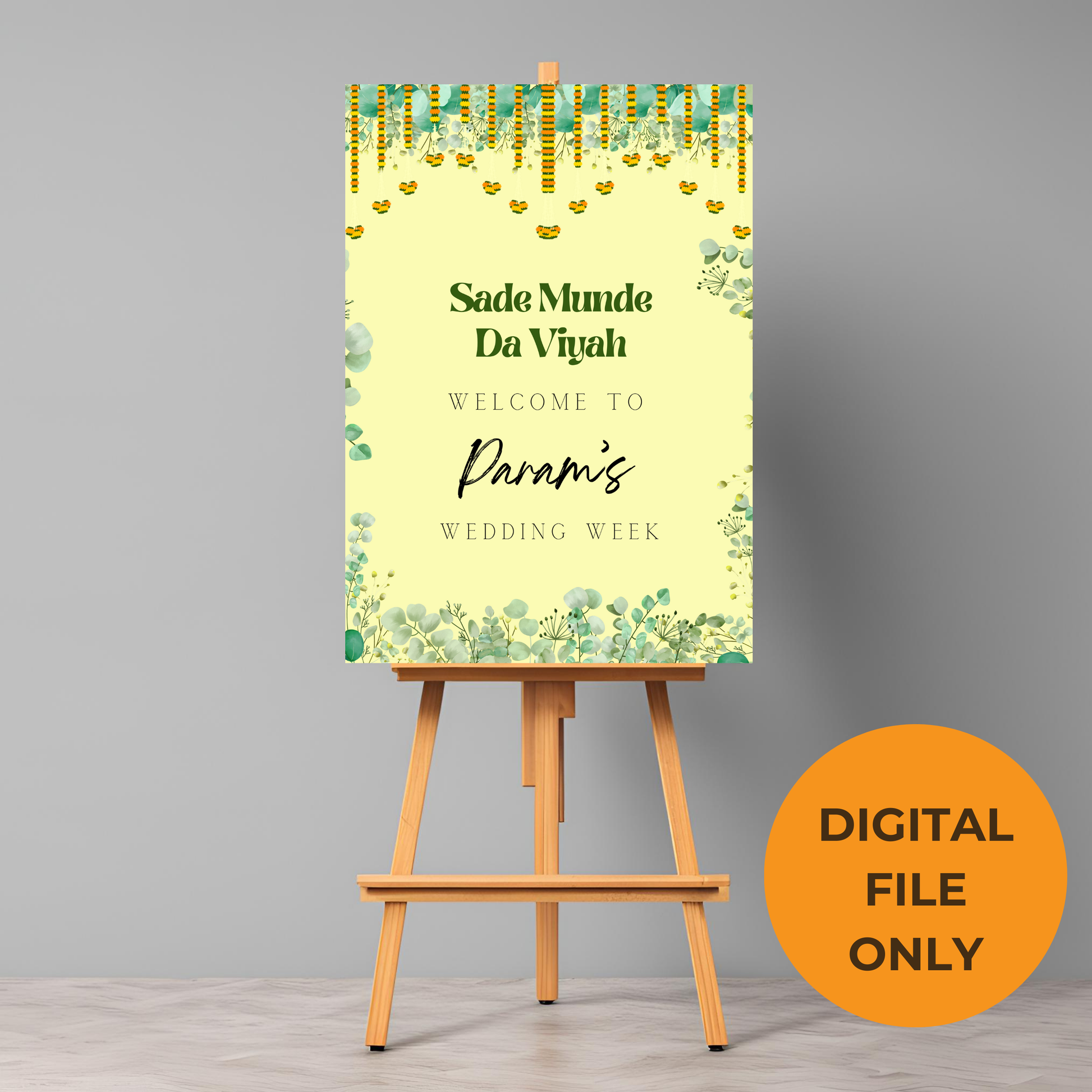 a1 indian decor leaf themed wedding entrance board minimalist simple design digital online template affordable wedding decor green and yellow accents