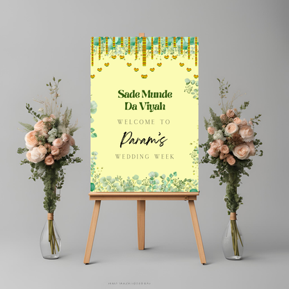 a1 indian decor leaf themed wedding entrance board minimalist simple design digital online template affordable wedding decor green and yellow accents