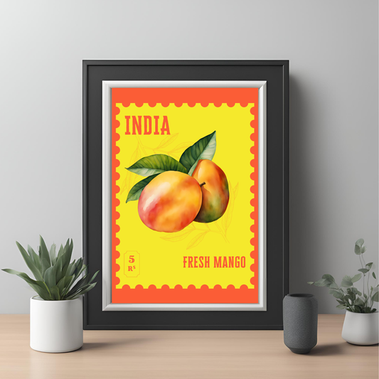 India Mango Stamp Framed A4 Fine Art Print - Portrait/Black