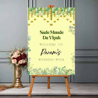 a1 indian decor leaf themed wedding entrance board minimalist simple design digital online template affordable wedding decor green and yellow accents