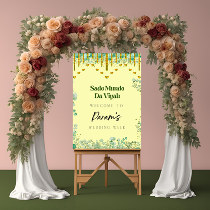 a1 indian decor leaf themed wedding entrance board minimalist simple design digital online template affordable wedding decor green and yellow accents