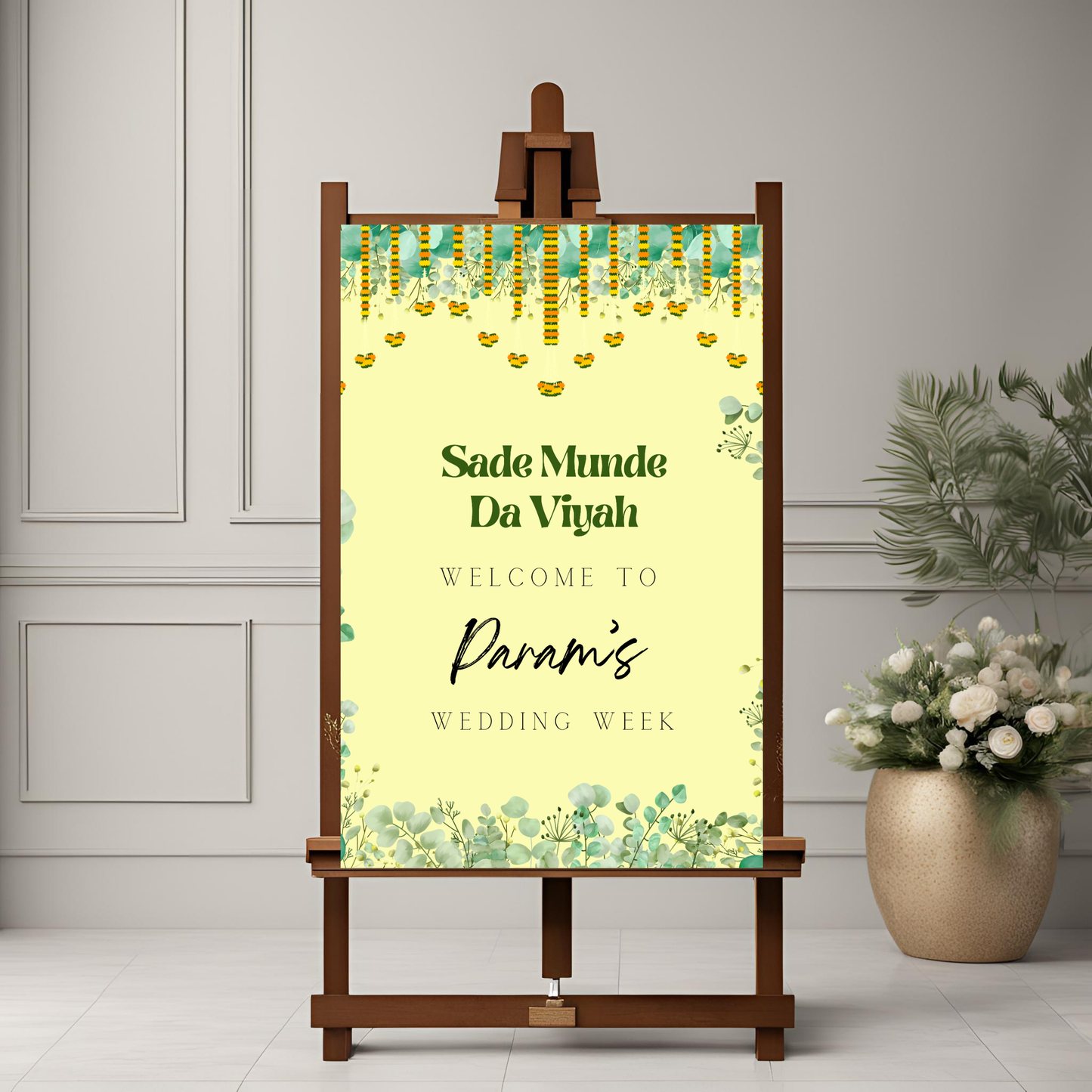 a1 indian decor leaf themed wedding entrance board minimalist simple design digital online template affordable wedding decor green and yellow accents