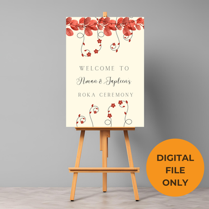 A1 size wedding desi Punjabi entrance board digital template floral design red and beige theme accents