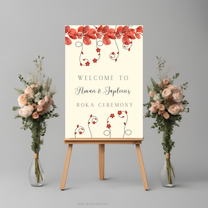 A1 size wedding desi Punjabi entrance board digital template floral design red and beige theme accents