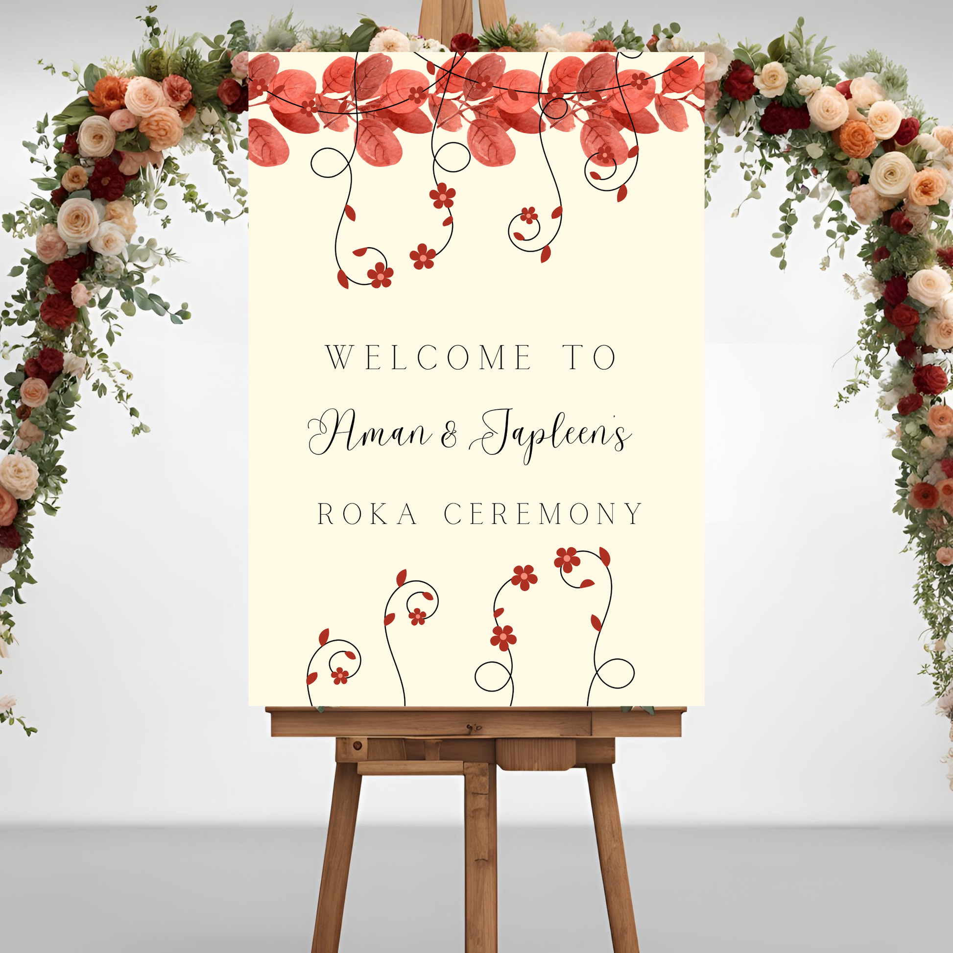 A1 size wedding desi Punjabi entrance board digital template floral design red and beige theme accents