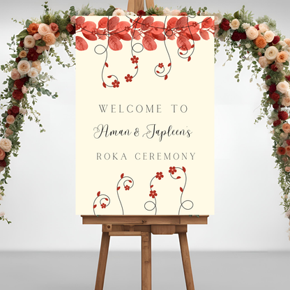 A1 size wedding desi Punjabi entrance board digital template floral design red and beige theme accents