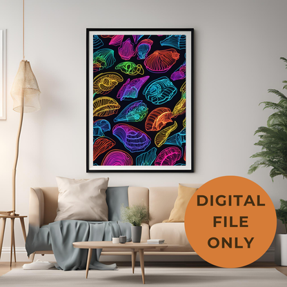 Coastal Gallery Wall - Neon Shell Printable Wall Art Summer Aesthetic Colourful Beach Poster