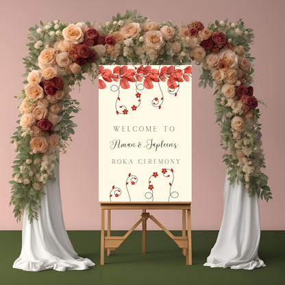 A1 size wedding desi Punjabi entrance board digital template floral design red and beige theme accents