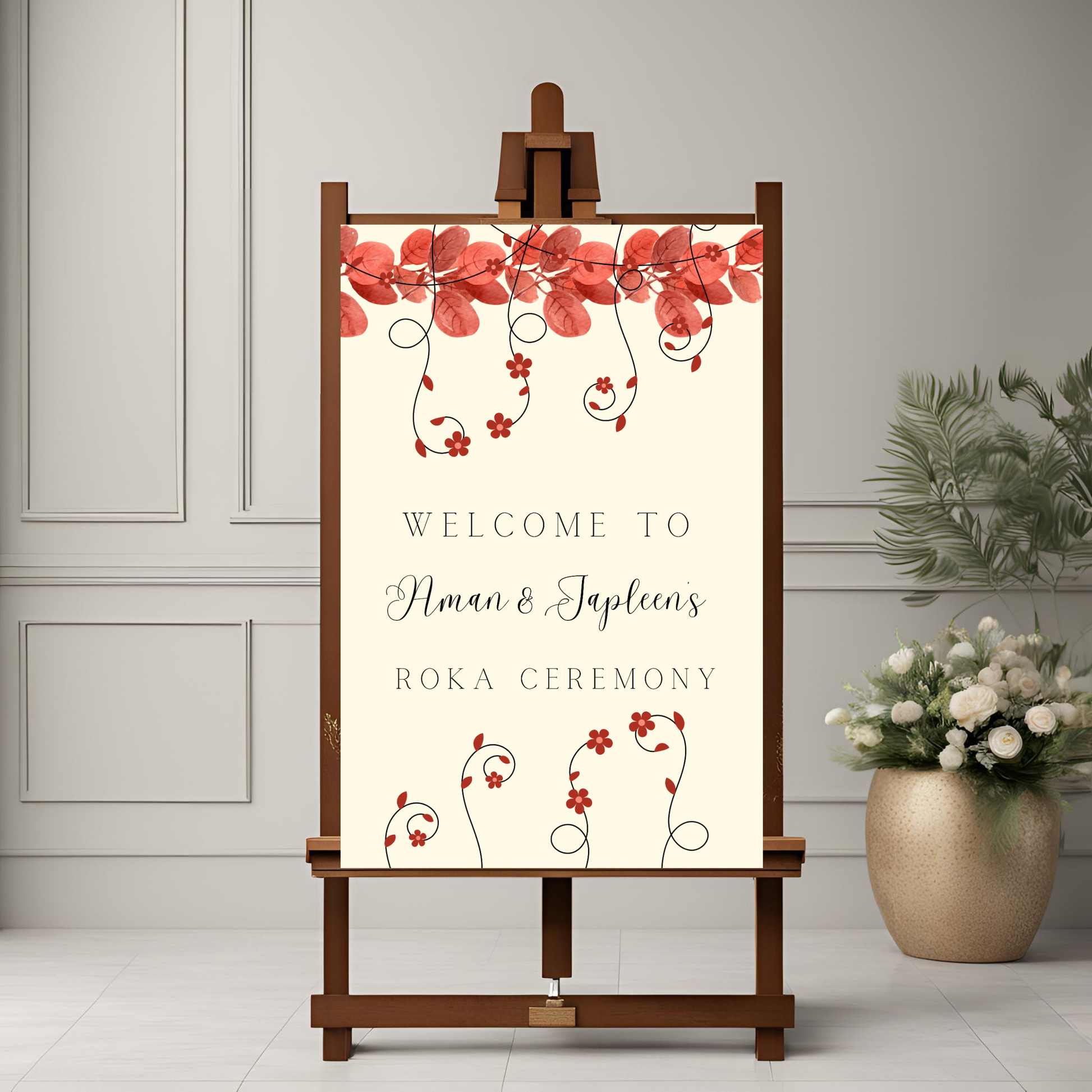 A1 size wedding desi Punjabi entrance board digital template floral design red and beige theme accents