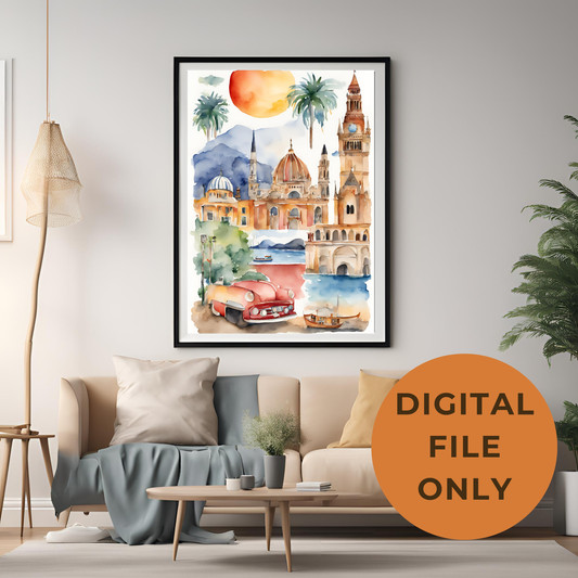 Travel Watercolour Wall Art Digital Download