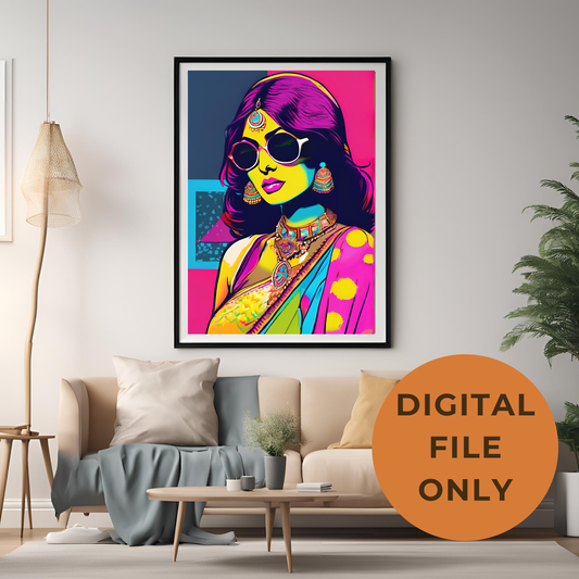 South Asian Art Neon Desi Girl Saree - Digital Printable Wall Art