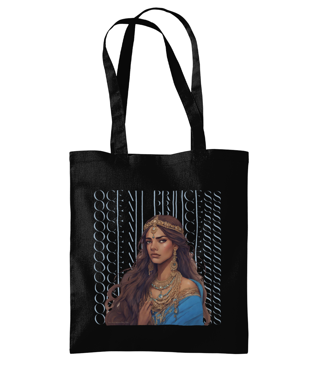 "Ocean Princess" Tote Bag – Front View - 100% Cotton - Brown Girl with Indian Outfit and Jewellery wearing a crown